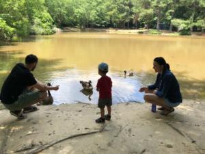 tolik, Alyona and Roman feeding the geese